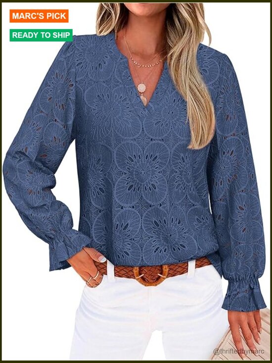 Tops - V Neck Eyelet Lace Blouse with Lining Long Sleeve Sheer Embroidery